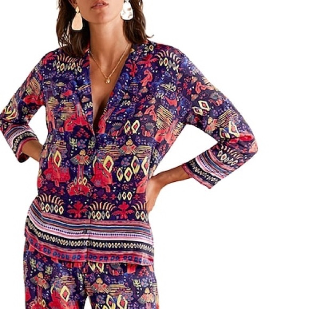 Chufy Memories Of Peru Silk Hi Low Button Down Blouse XS